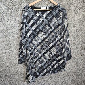 Susan Graver Top Womens Plus 1X Black Silver Scoop Neck Knit Tunic Metallic